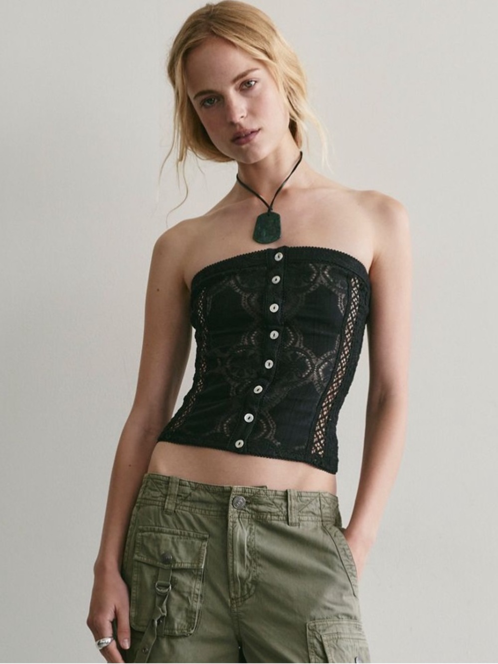 Free People Black Lace Strapless Button-Front Corset Top